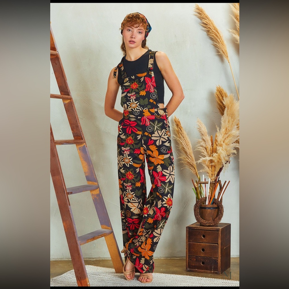 Floral Multicolor Women's Jumpsuit S NEW Jungle Print Overalls Linen Cotton Boho - Picture 5 of 13